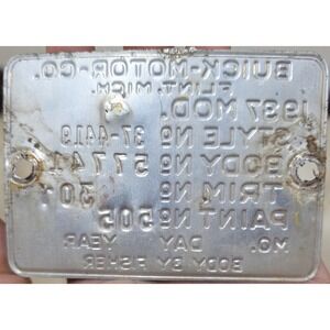 1937 Buick Motor Co Data ID Tag Plate 4 door